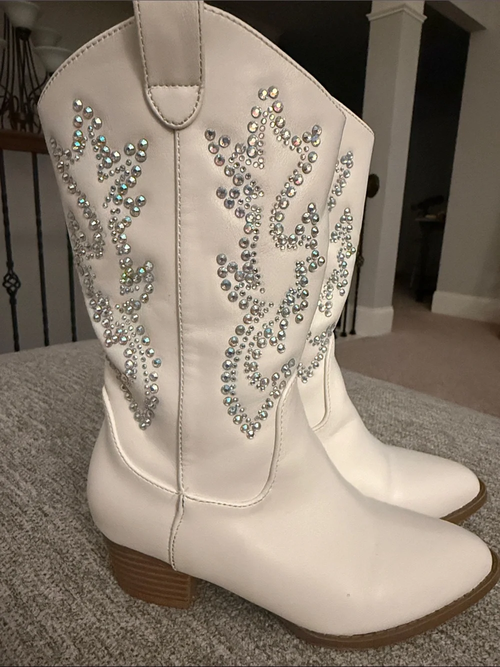 Link-White Rhinestone Western Mid-Calf Boots - Little Girls